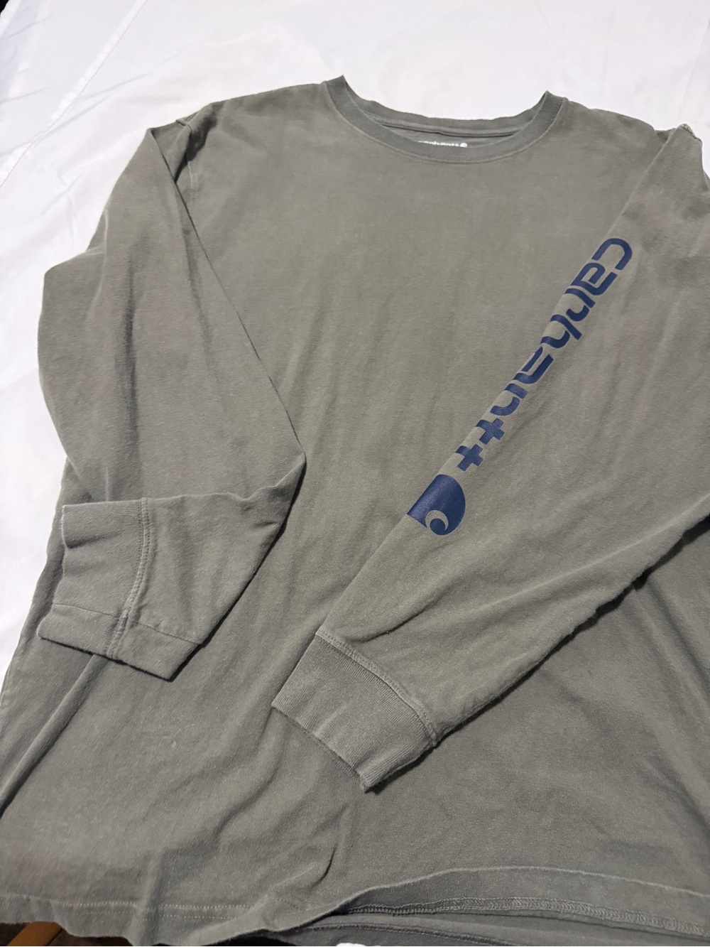 Carhartt Olive Long-Sleeve Logo Tee with Navy Sleeve Graphic
